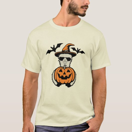 Llama Cool Halloween Pumpkin Sunglasses Witch Hat T-Shirt (Vorderseite)