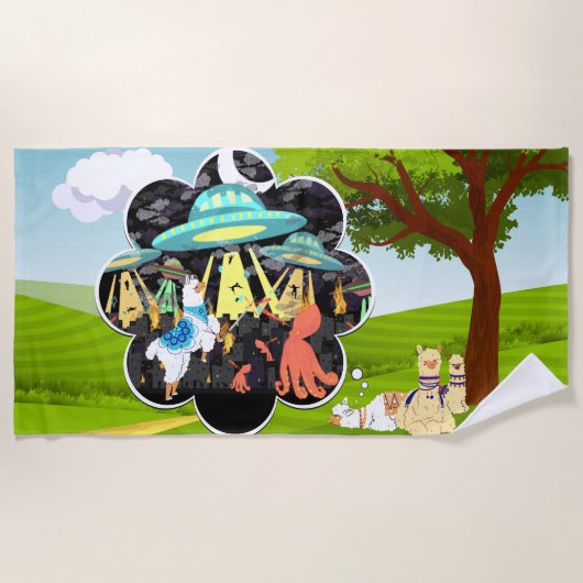 Llama Dreams Llama vs Evil Tintenfisch Epic Space Strandtuch (Vorderseite)