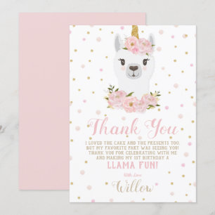 Llama Einhorn Dankeskarte Blush Floral Mädchen Einladung