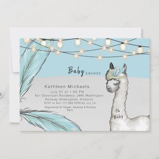 Llama Feather Turquoise Oh Baby Boy Dusche Einladung (Vorderseite)
