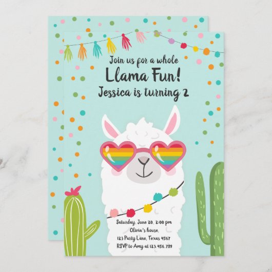 Llama Fiesta Herzsonne Birthday Einladung (Vorne/Hinten)