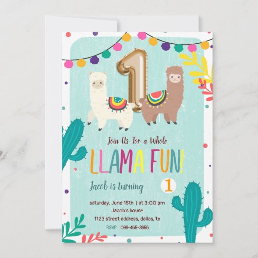 Llama Fun 1. Geburtstag Einladung (Vorderseite)