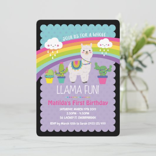 Llama Fun 1. Geburtstag Party Einladungen (Stehend Vorderseite)