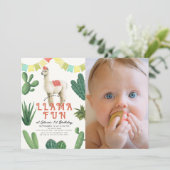 Llama Fun Alpaca Cactus 1. Geburtstag Foto Einladung (Stehend Vorderseite)