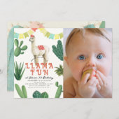 Llama Fun Alpaca Cactus 1. Geburtstag Foto Einladung (Vorne/Hinten)