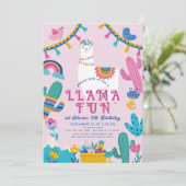 Llama Fun Alpaca Girl Pink Geburtstag Einladung (Stehend Vorderseite)
