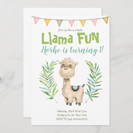 Llama Fun Alpaca Wasserfarbe Einladung zum Geburts (Vorne/Hinten)