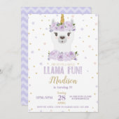 Llama Fun Birthday Party Lila Blumengärten Einladung (Vorne/Hinten)