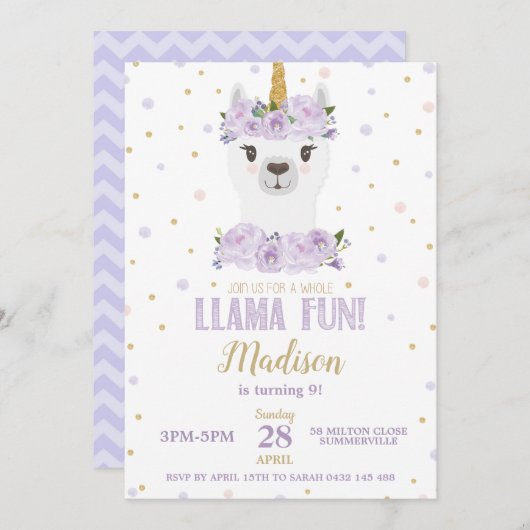 Llama Fun Birthday Party Lila Blumengärten Einladung (Vorne/Hinten)