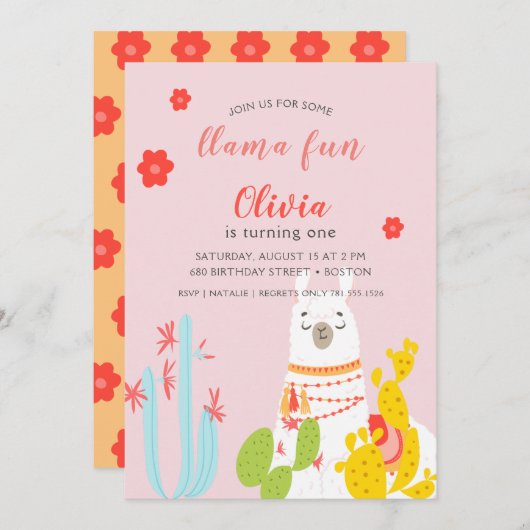 Llama Fun Birthday Pink Einladung (Vorne/Hinten)