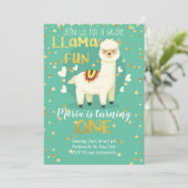 Llama Fun Gold und Green Birthday Einladung (Stehend Vorderseite)