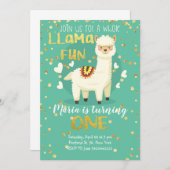 Llama Fun Gold und Green Birthday Einladung (Vorne/Hinten)