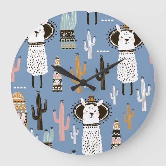 Llama, Kaktus, handGezeichnet Elementmuster. Große Wanduhr (Vorderseite)