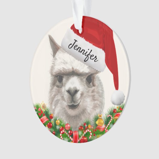 Llama lächelt Ihren Namen & Jahr Alpaca Weihnachte Ornament (Vorderseite)