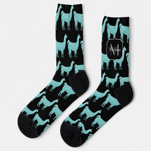 Llama Light Turquoise Glitzern Monogram Socken (Linkes Detail)