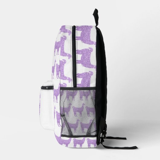 Llama lila Glitzer Glitzern Muster weiß Bedruckter Rucksack (Rechts)