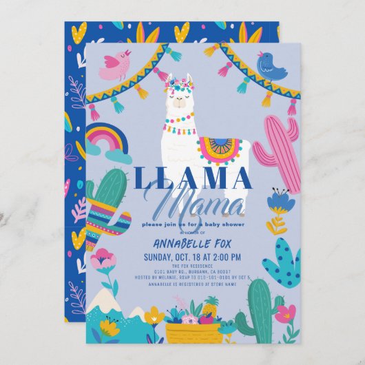 Llama Mama Alpaca Cactus Blue Boy Baby Shower Einladung (Vorne/Hinten)