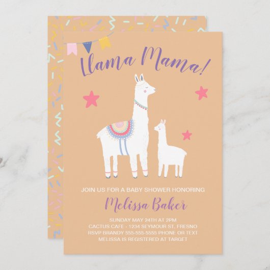 Llama Mama Baby Llama Peach Lila Baby Dusche Einladung (Vorne/Hinten)