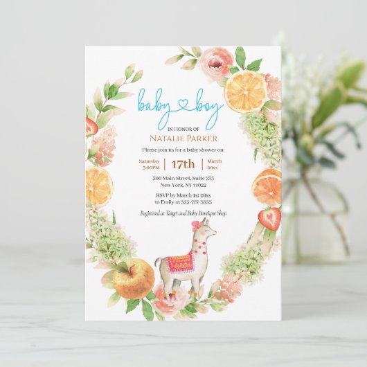 Llama Mama Citrus Floral Greenery Baby Boy Shower Einladung (Stehend Vorderseite)