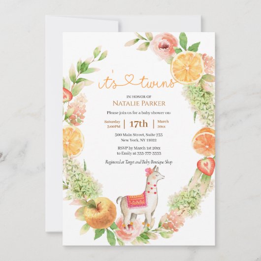 Llama Mama Citrus Greenery Twin Girls Baby Shower Einladung (Vorderseite)