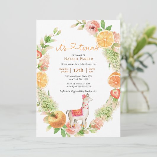 Llama Mama Citrus Greenery Twin Girls Baby Shower Einladung (Stehend Vorderseite)