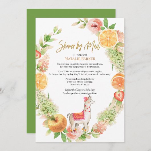 Llama Mama Floral Greenery Baby Shower by Mail Einladung (Vorne/Hinten)