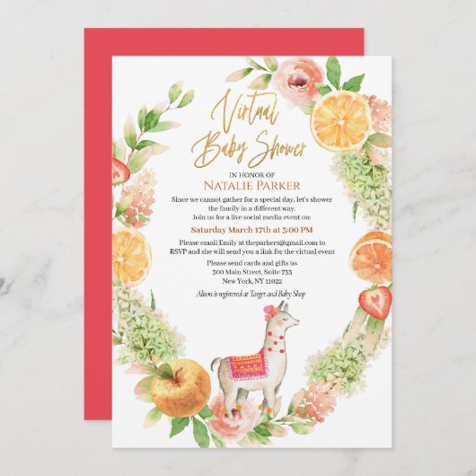 Llama Mama Floral Greenery Virtual Baby Shower Einladung (Vorne/Hinten)