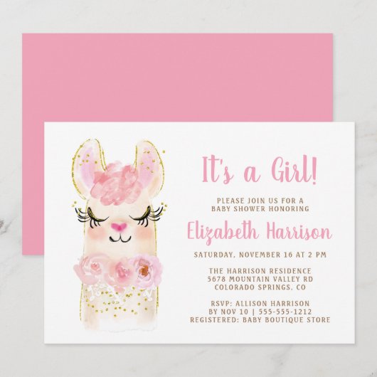 Llama Mama Pink Baby Girl Dusche Einladung (Vorne/Hinten)