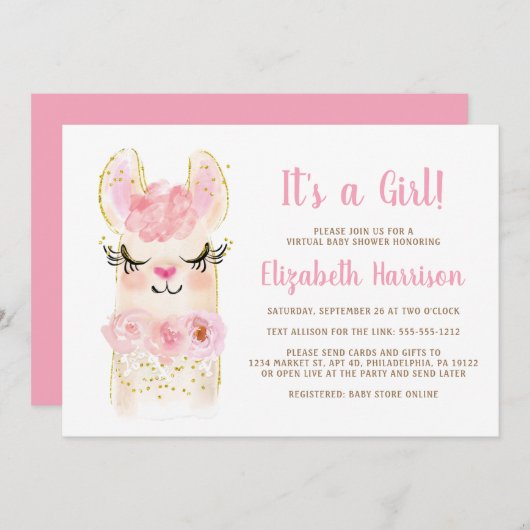 Llama Mama Pink Baby Girl Virtuelle Dusche Einladu Einladung (Vorne/Hinten)