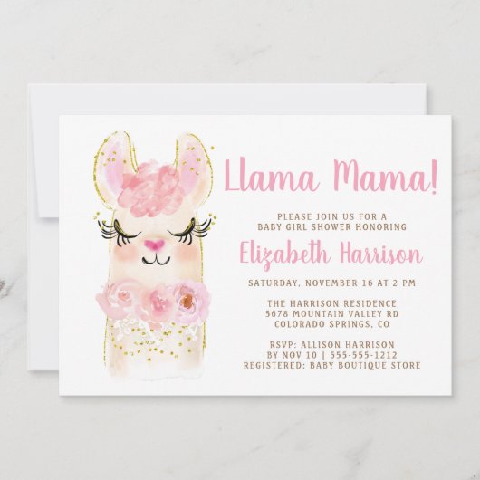 Llama Mama Pink Kinderdusche Einladung (Vorderseite)
