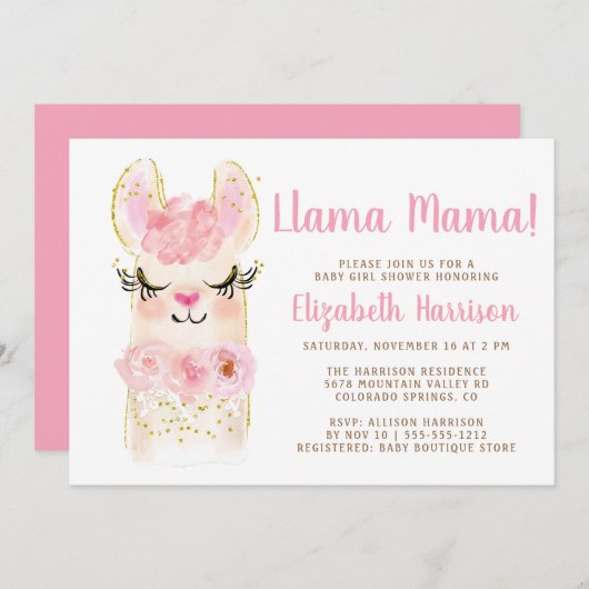 Llama Mama Pink Kinderdusche Einladung (Vorne/Hinten)