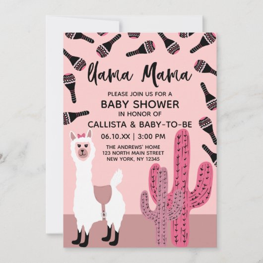 Llama Mama Pink Niedlich Cactus Maraca Baby Shower Einladung (Vorderseite)