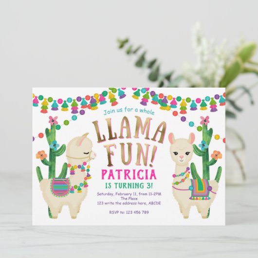 Llama, mexikanisch, FIesta, Niedlich, Geburtstag Einladung (Stehend Vorderseite)