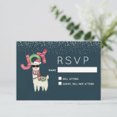 Llama mit einer Weihnachtsmannmütze und Sonnenbril RSVP Karte (Stehend Vorderseite)