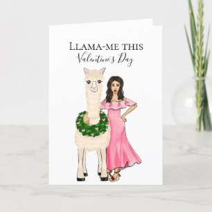 Llama mit Herzen-Kranz und Damen-Illustration Feiertagskarte