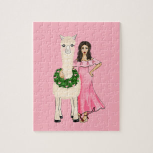Llama mit Herzkranz und Girl Illustration Puzzle