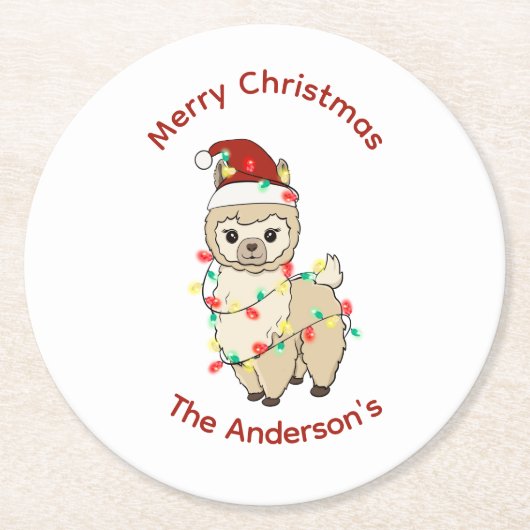 Llama mit Lights Frohe Weihnachtsfeiertage Runder Pappuntersetzer (Vorderseite)