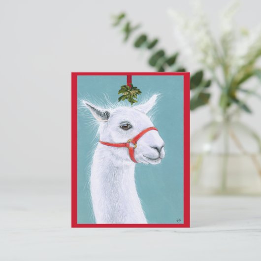 Llama mit Mistletoe Weihnachtspost Postkarte (Stehend Vorderseite)