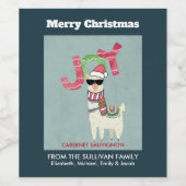 Llama mit Weihnachtsmannmütze und Sonnenbrille Joy Weinetikett (Einzelnes Label)
