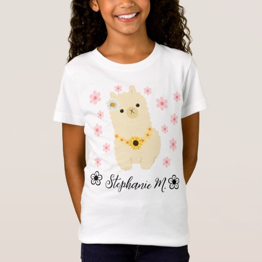 Llama Niedliches Baby mit gelben/rosa Blume T-Shirt (Vorderseite)
