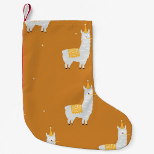 Llama, orange Hintergrund: Geburtstagsmuster. Kleiner Weihnachtsstrumpf