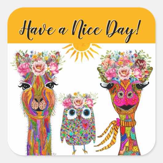 Llama, Owl und Giraffe Quadratischer Aufkleber (Vorderseite)
