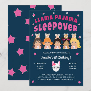 Llama Pajama Sleepover Hot Pink Navy Einladung
