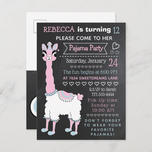 Llama Pajama Sleepover Party Chalkboard Postkarte (Vorne/Hinten)