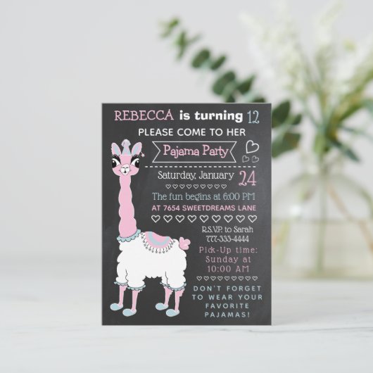 Llama Pajama Sleepover Party Chalkboard Postkarte (Stehend Vorderseite)