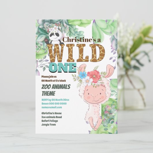 Llama Panda Bär niedlicher Dschungelfarm wild one Einladung (Stehend Vorderseite)