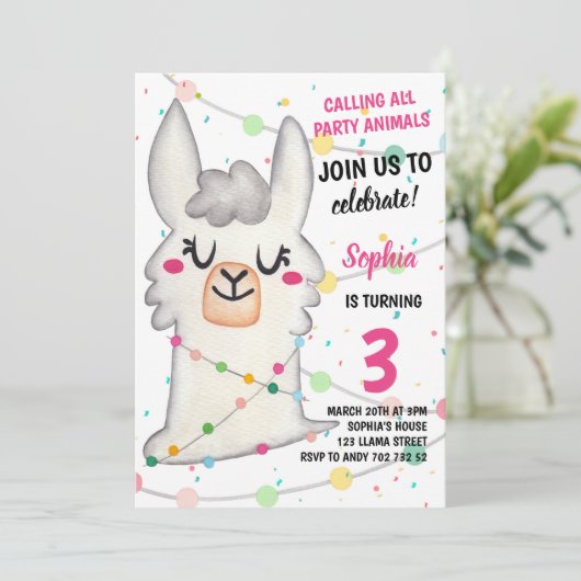 Llama Party Girl Party Animals Llama Fun Geburtsta Einladung (Stehend Vorderseite)
