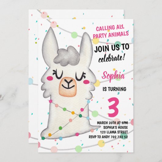 Llama Party Girl Party Animals Llama Fun Geburtsta Einladung (Vorne/Hinten)