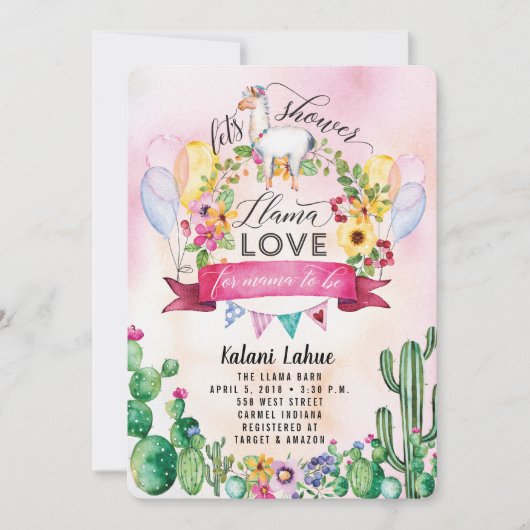 Llama Party Watercolor Kinderdusche Einladung (Vorderseite)