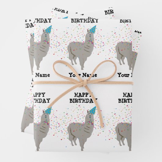 Llama Partying - Tier mit Party-Individuelle Name Geschenkpapier Set (Beispiel)